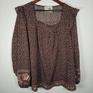 Savanna Jane Top Womens 2X‎ Floral Embroidered Brown Polka Dot  Blouse